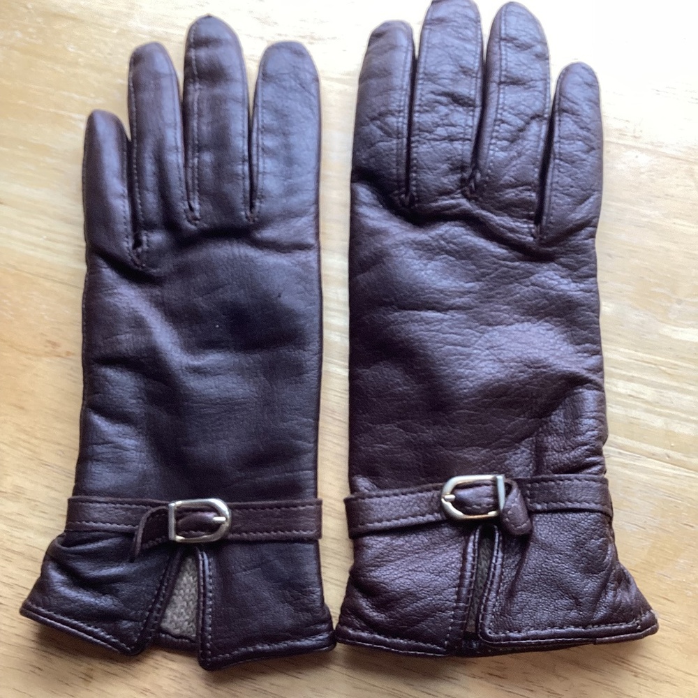 Women’s leather cashmere wool blend lined brown  gloves small